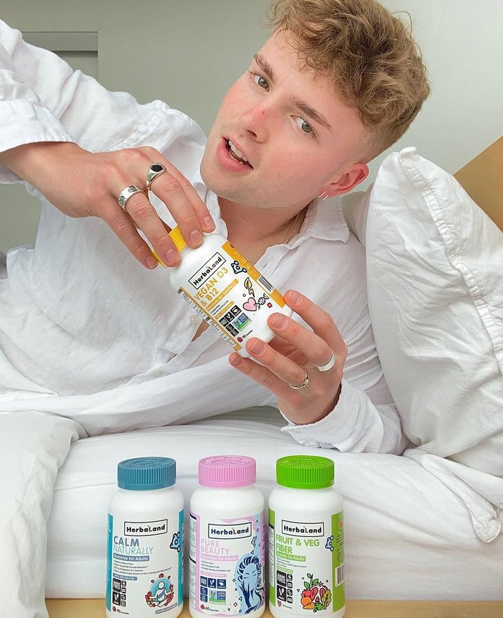 Instagram post by @cameronfield_ for Herbaland. Caption reads: [...] gummies have me thriving already 🥲....