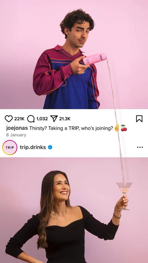 Instagram post by @olivia.ferdi for Drinks TRIP. Caption reads: Oh nooo my post is spilling everywhere....