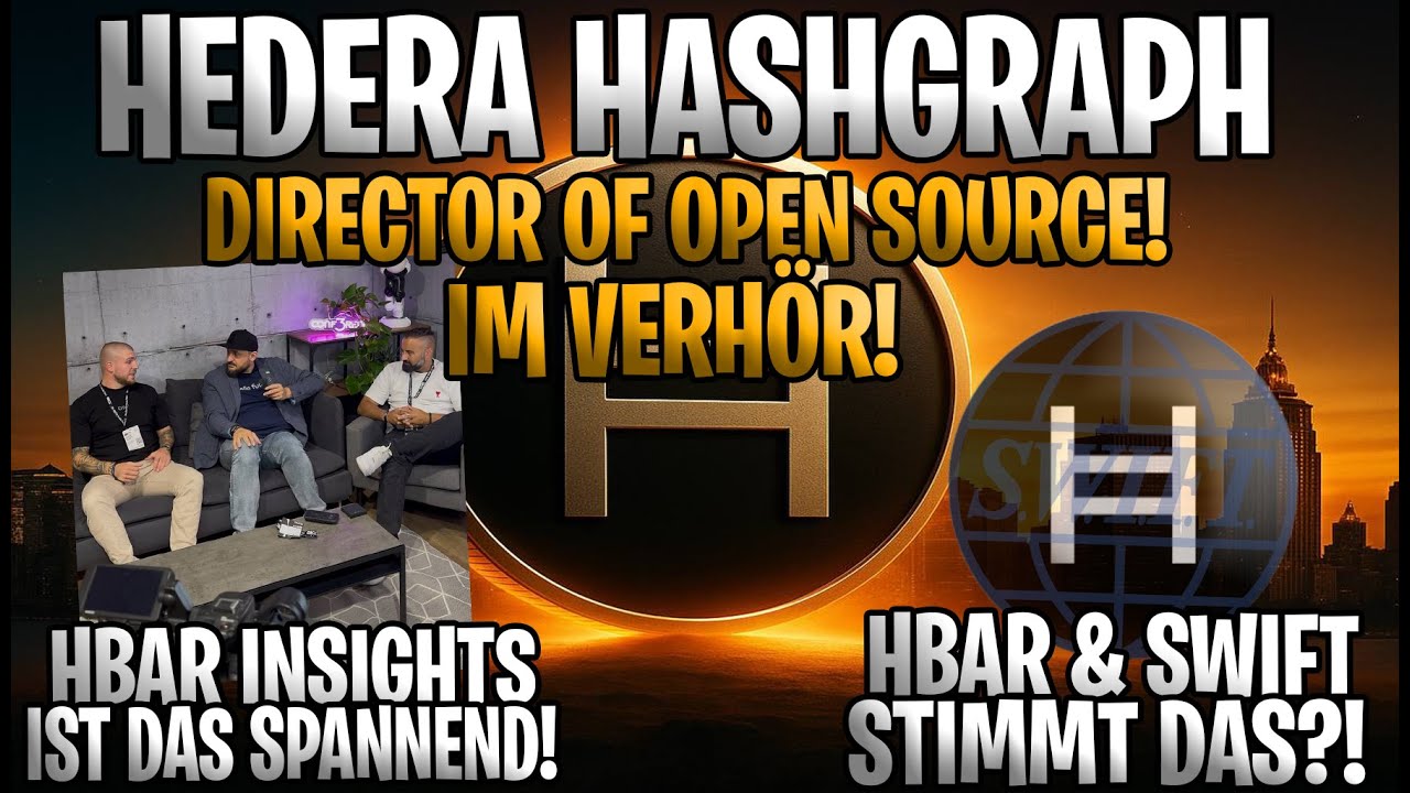 YouTube post by @xrpdeutschland for Ledger. Caption reads: HBAR under INTERROGATION! 😳 Director of Open....