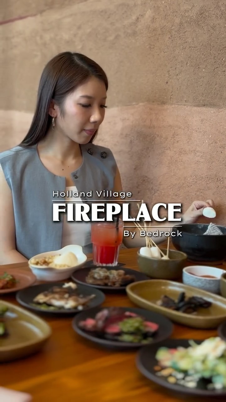 Instagram post by @liveloveatwithjie for Singapore Travel Specialist by Dirgantara Fasa. Caption reads: Fireplace by Bedrock is the fiery new concept at....
