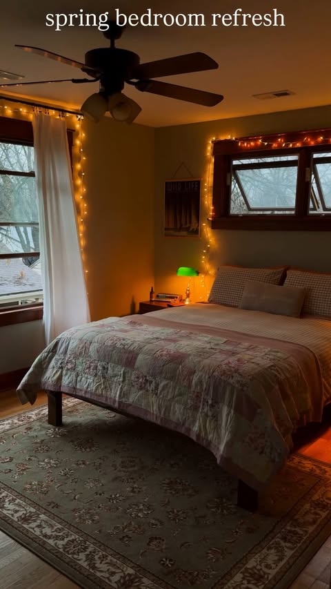 Instagram post by @thecozykansan for FlexiSpot. Caption reads: [...] timing for a bedroom refresh with....