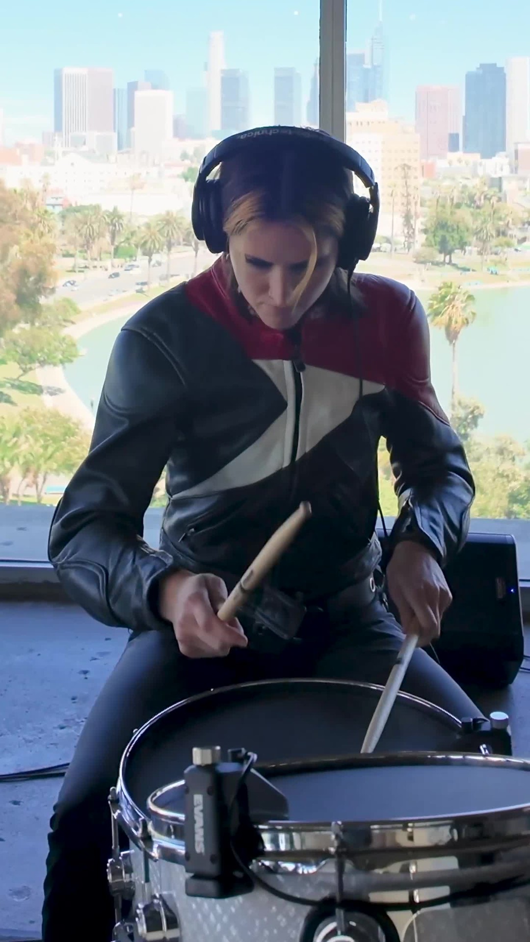 Instagram post by @lucyritter for EVANS Drumheads. Caption reads: Lucy Ritter gets into her breakbeat bag while....
