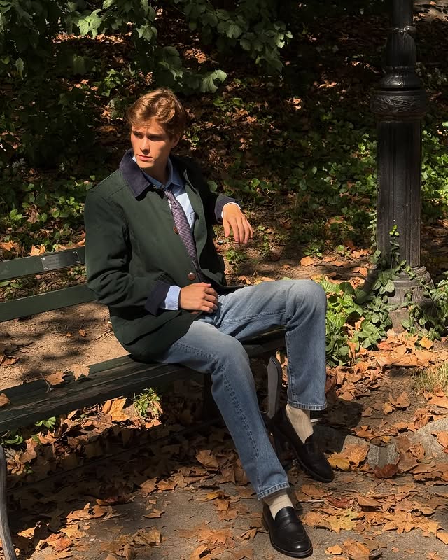 Instagram post by @gabesco for J.Crew. Caption reads: Going into fall with a classic look from @jcrew,....