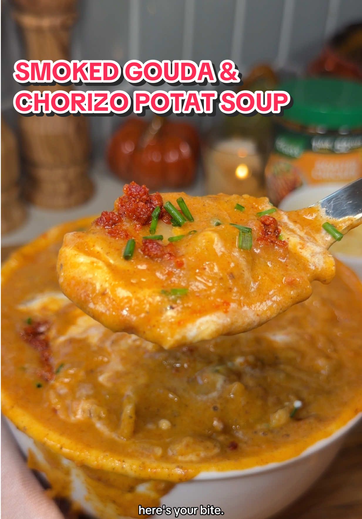 TikTok post by @heresyourbite for Knorr. Caption reads: Loaded Baked Potato Soup with Chorizo and Smoked....