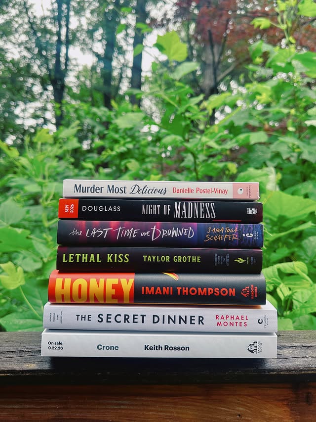 Instagram post by @jess_reads_books for Harper Perennial. Caption reads: ✨BOOK MAIL✨ Let’s discuss new thriller and horror....