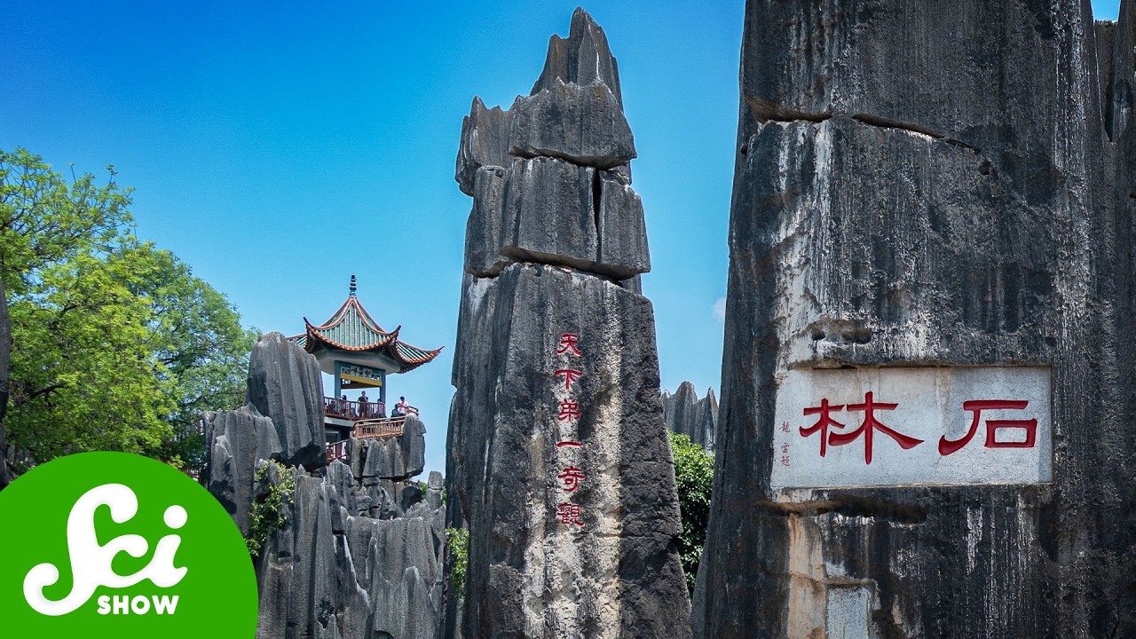 YouTube post by @SciShow for Brilliant.org. Caption reads: What China's Stone Forest Teaches Us About Cities.
