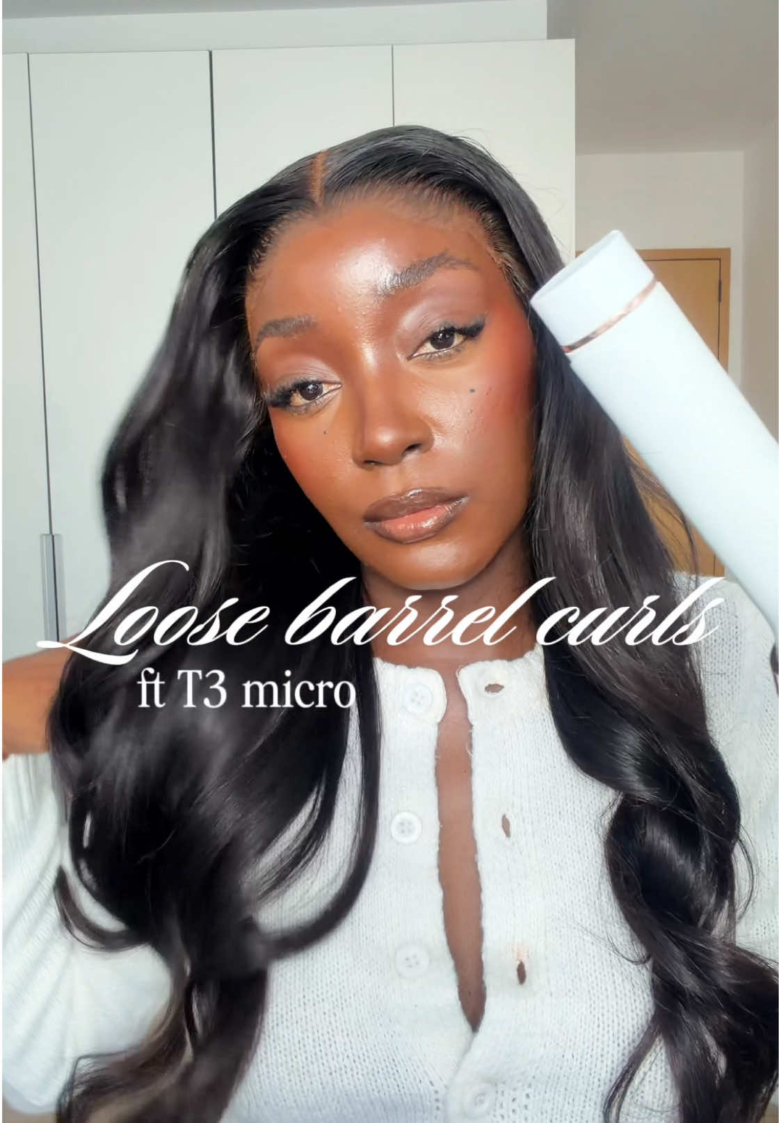 TikTok post by @tiobadgyal for T3 Micro. Caption reads: loose barrel curls using @T3 Micro #t3micro....