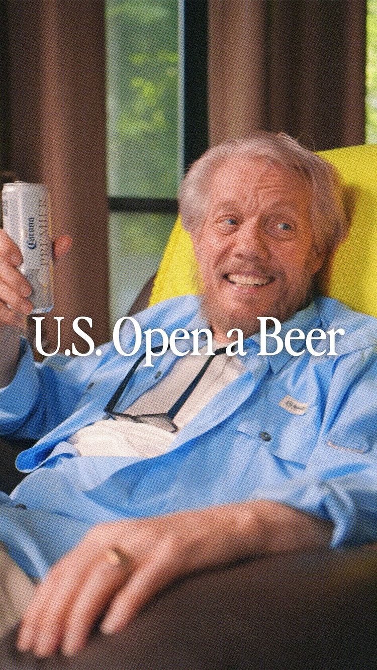 Instagram post by @standregolf for Corona USA. Caption reads: US OPENing a Corona Premier with Pops 🥹....