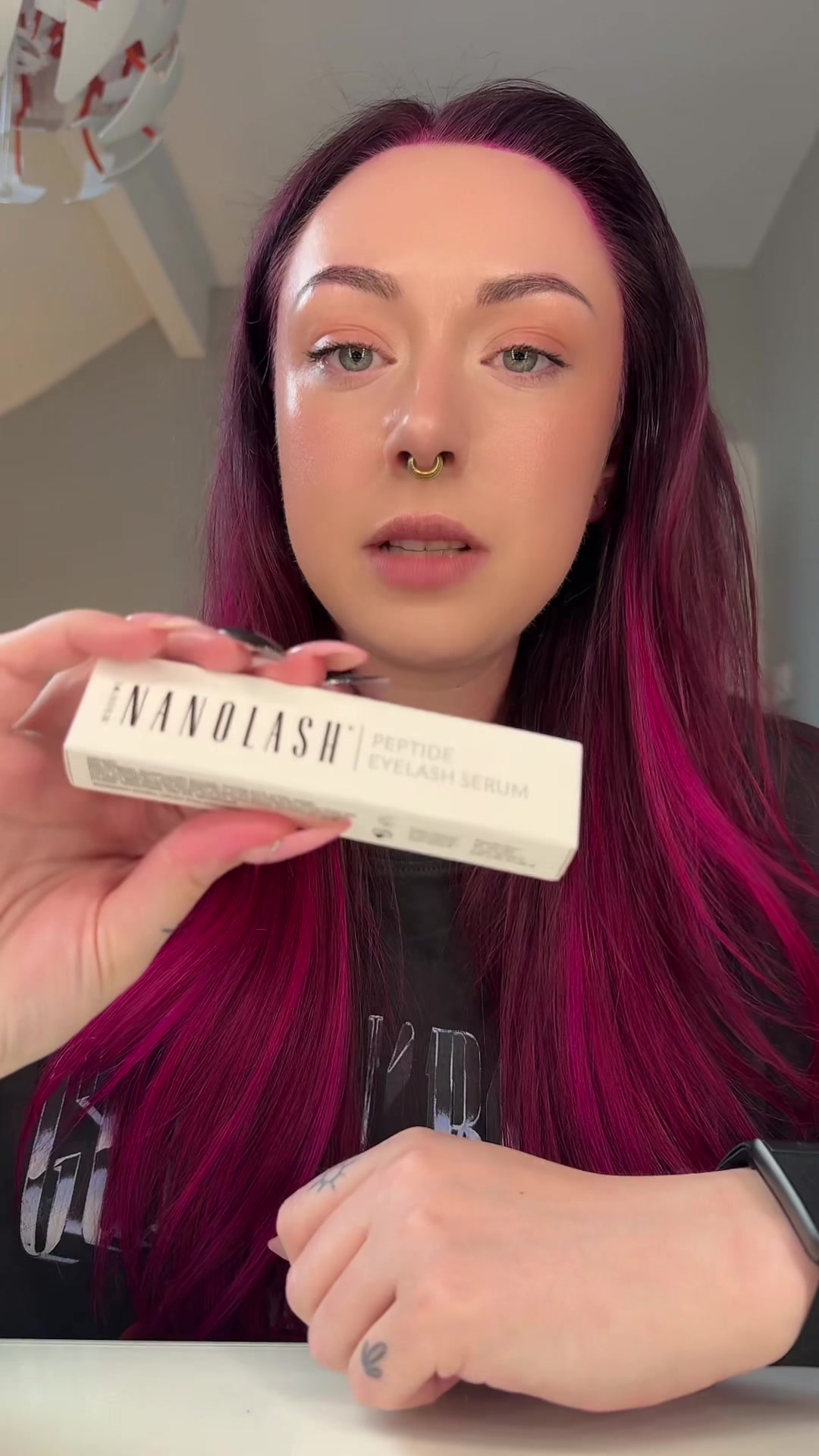 TikTok post by @kelsey.bones for Nanolash. Caption reads: Testing the @Nanolash UK peptide eyelash serum, I....