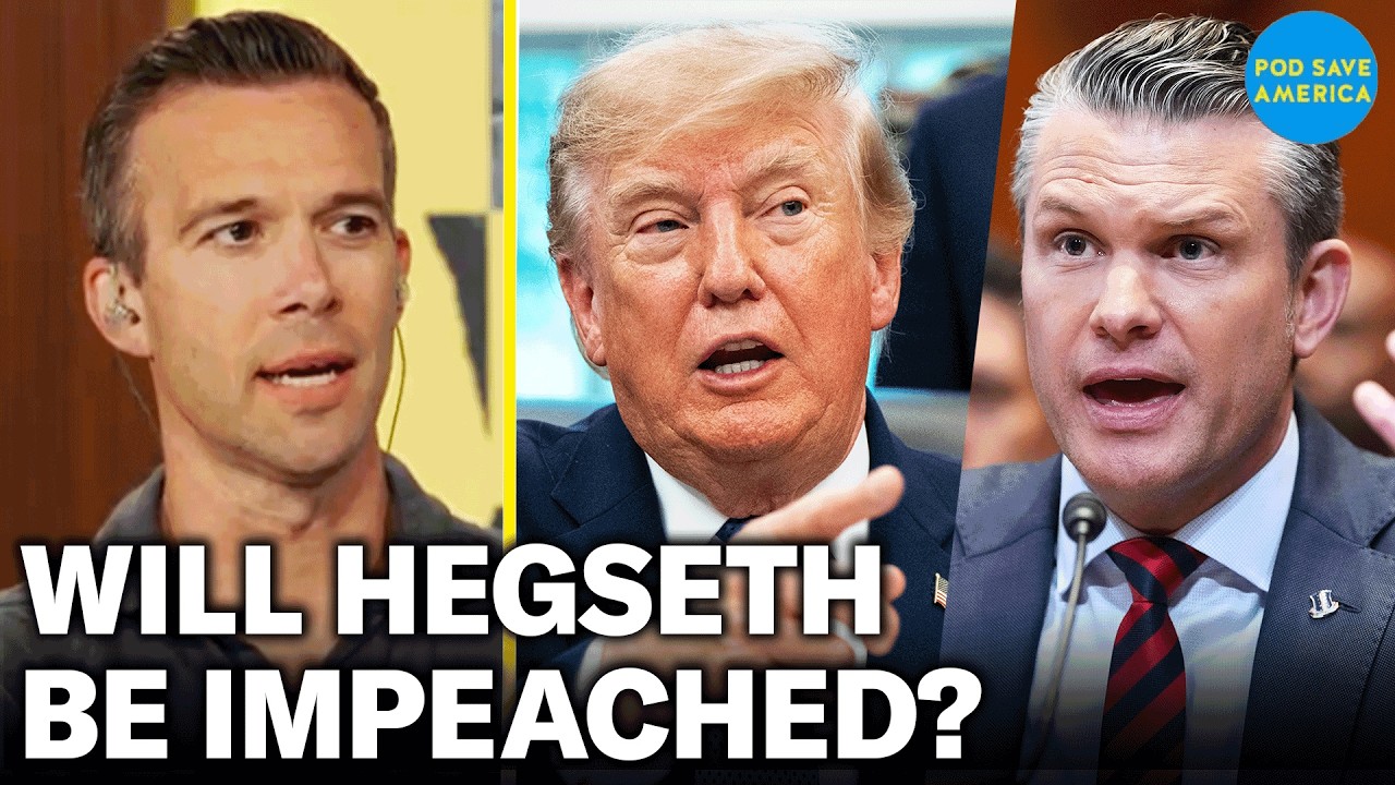 YouTube post by @podsaveamerica for SimpliSafe. Caption reads: Pete Hegseth Has Become a HUGE Problem for Trump....