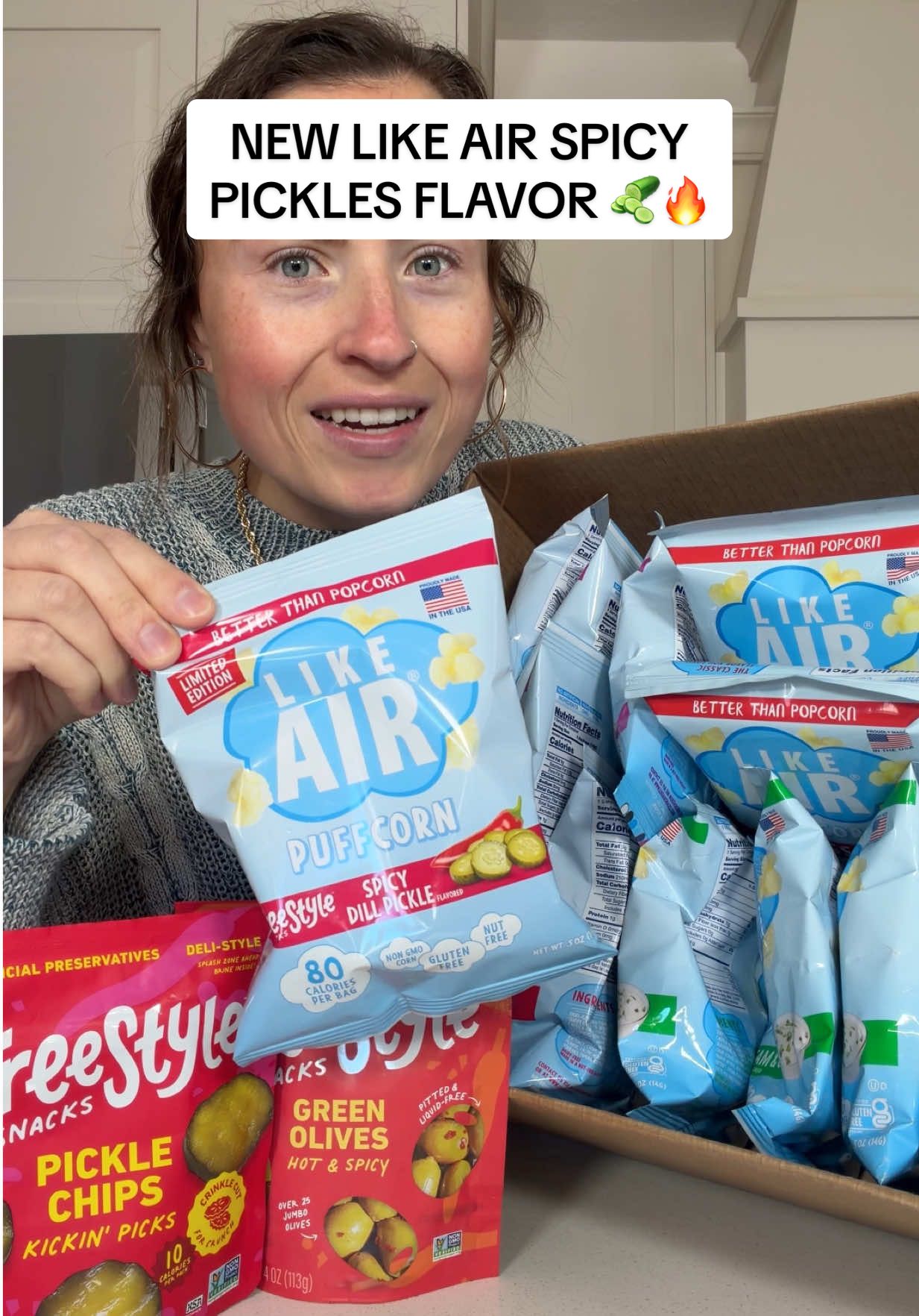 TikTok post by @morganchompz for Like Air Puffcorn. Caption reads: [...] try this new spicy pickle flavor? @Like Air....