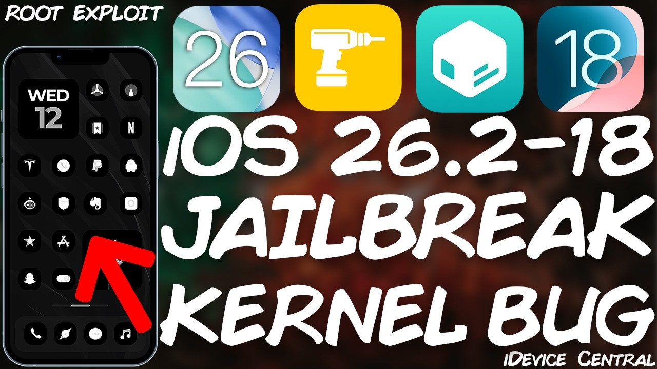 YouTube post by @idevicecentral for Unsplash. Caption reads: iOS 26.2 - 18.0 JAILBREAK: New KERNEL ROOT &....