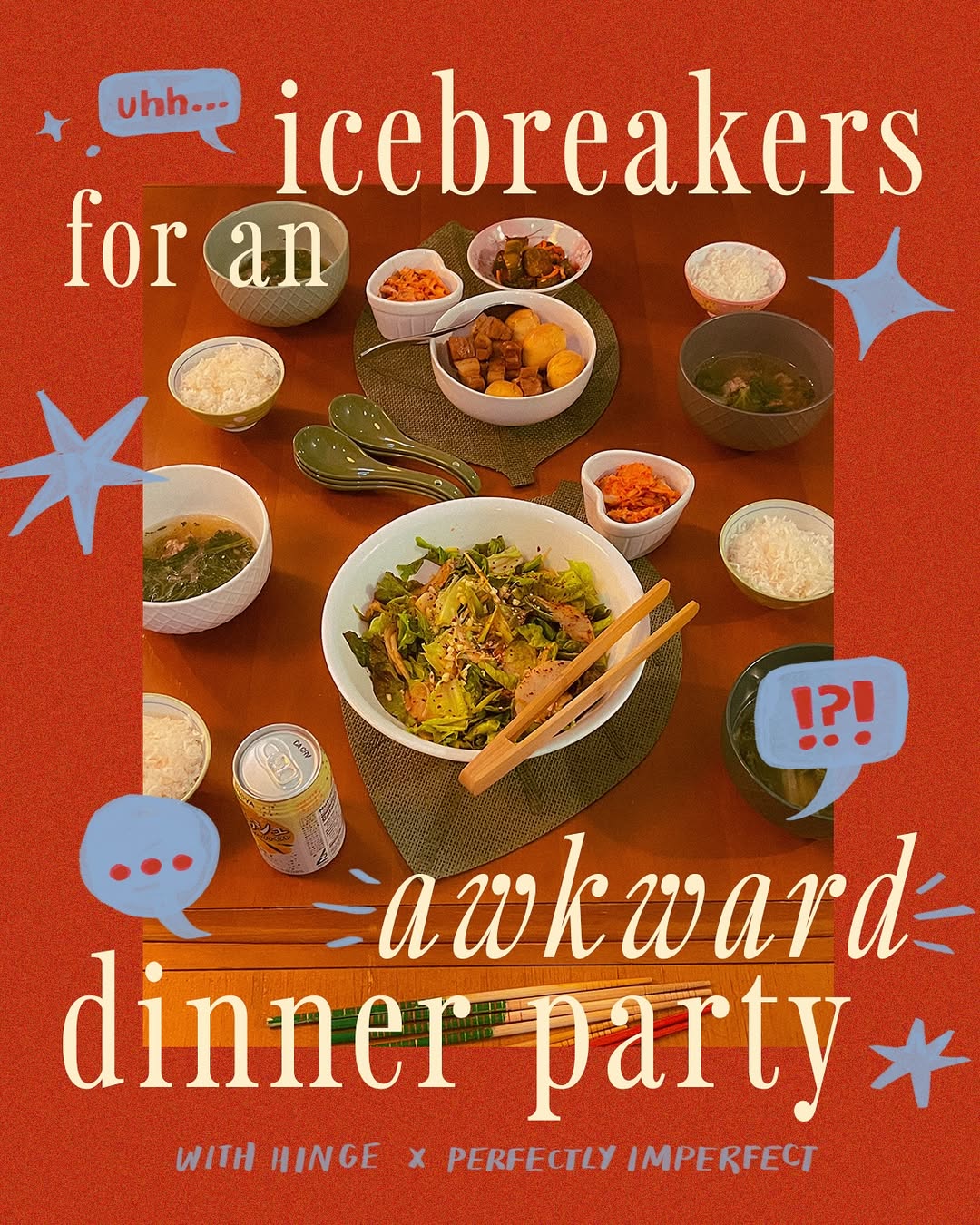 Instagram post by @withlovelinh for Hinge. Caption reads: icebreakers for awkward dinner parties…....