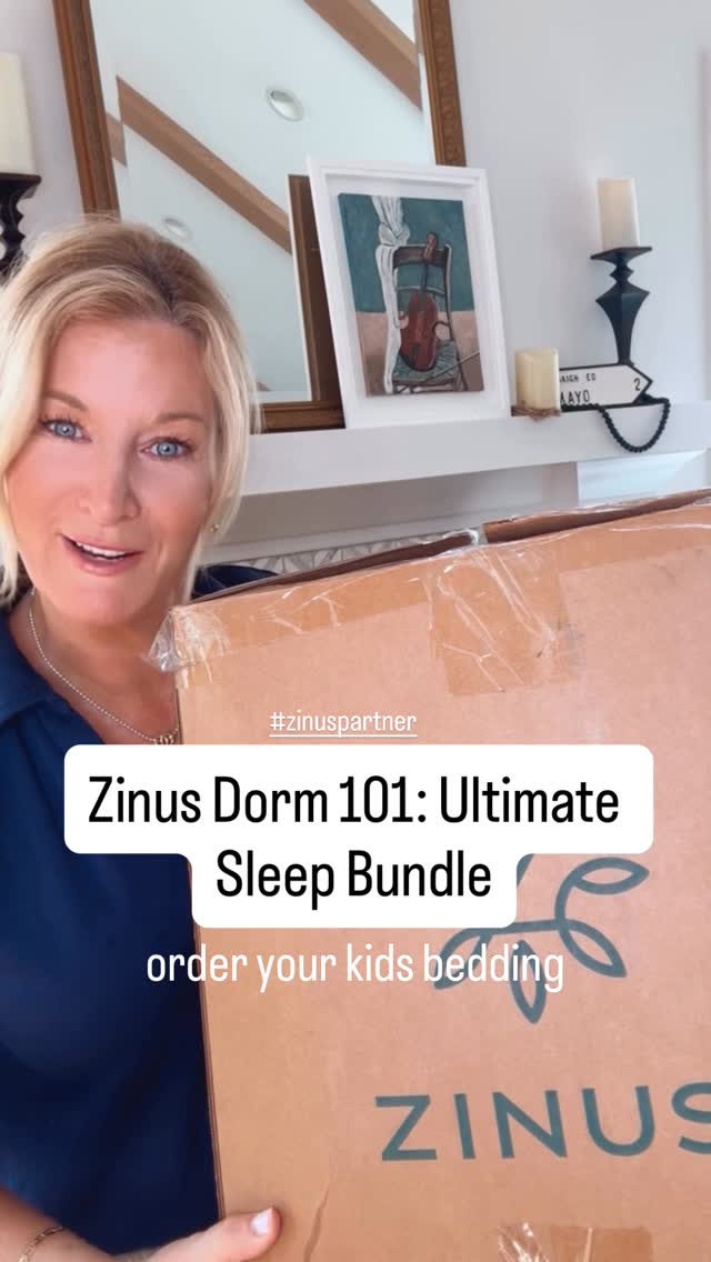 Instagram post by @catiekeogh for Zinus. Caption reads: Zinus Dorm 101: Ultimate Sleep Bundle for our....