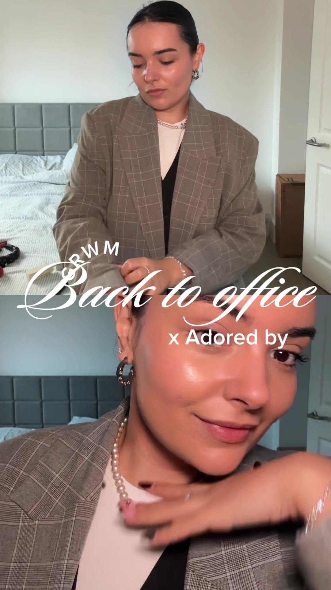 TikTok post by @badmeryuk for Adored By. Caption reads: GRWM back to office using the Adored By Glow Duo ✨....