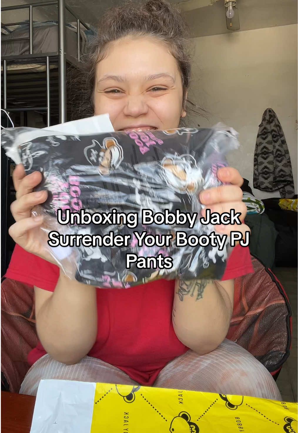 TikTok post by @taytheaffiliate101 for Bobby Jack. Caption reads: Unboxing Bobby Jack Surrender Your Booty Pj Pants....