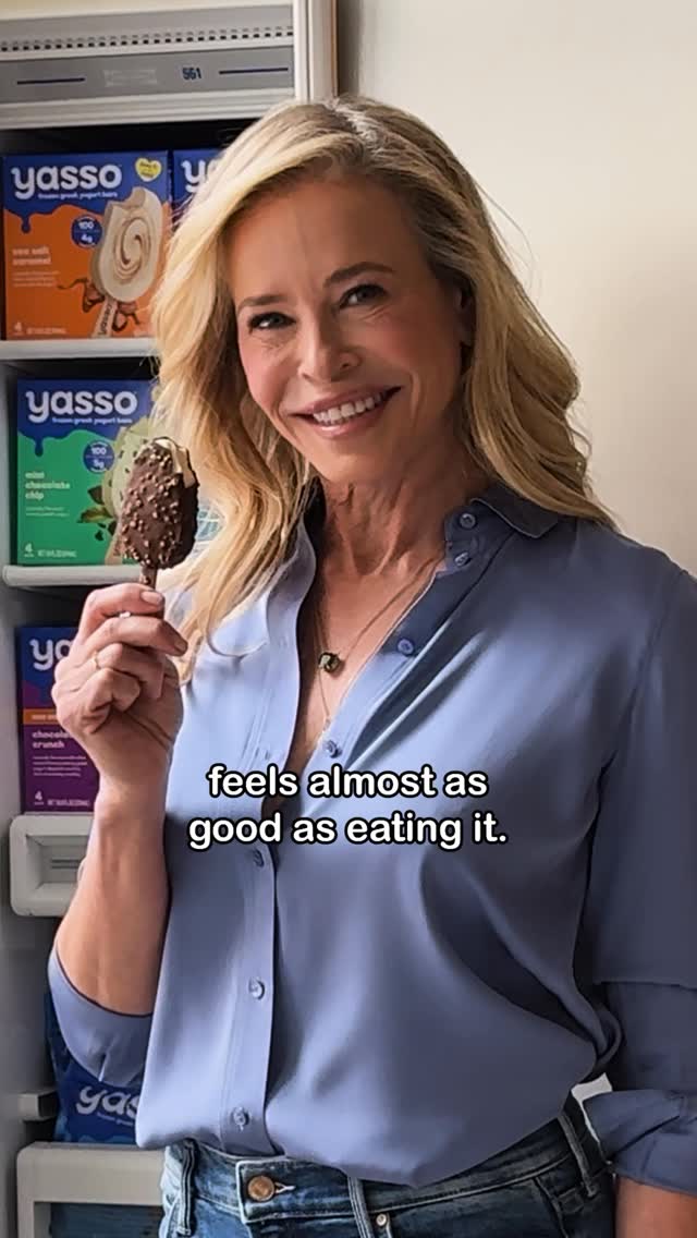 Instagram post by @chelseahandler for Yasso. Caption reads: Cleaning my freezer myself? Hard pass. Outsourcing....