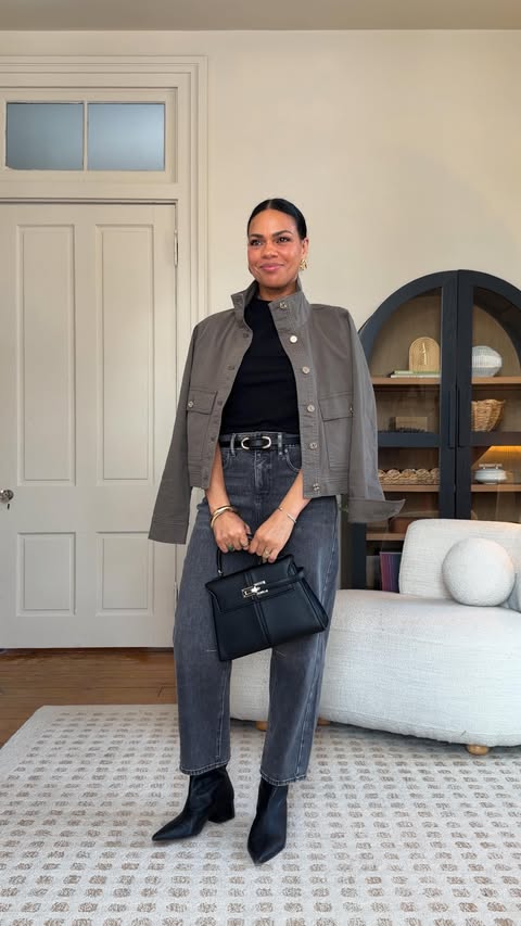 Instagram post by @annamaegroves for White House Black Market. Caption reads: Denim for work is my love language. Which look is....