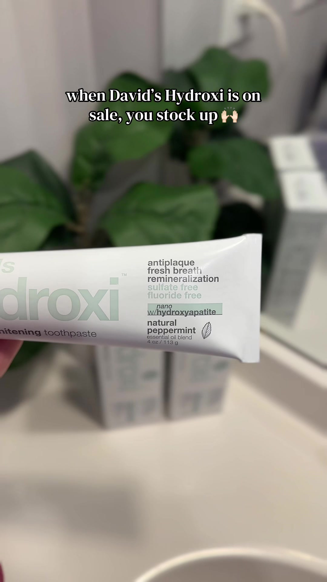 TikTok post by @beccadutkiewicz for Davids Natural Toothpaste. Caption reads: Switched to David’s Hydroxi toothpaste for a....