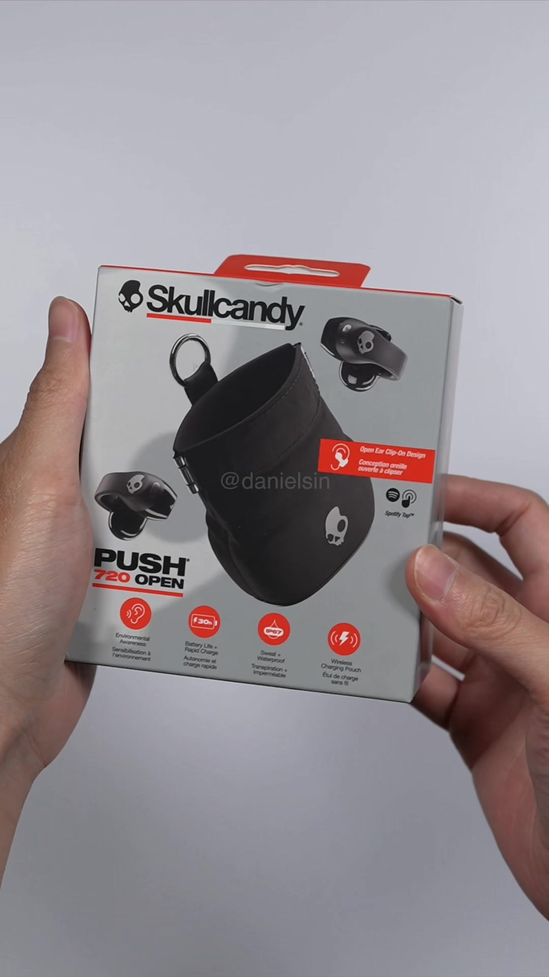 TikTok post by @danielsinfilms for Skullcandy. Caption reads: These are the Skullcandy Push 720 Open. Open-ear....