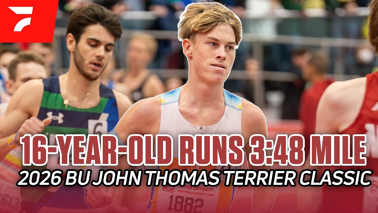 YouTube post by @FloTrack for Saucony. Caption reads: [...] #BUTerrierClassic coverage presented by....