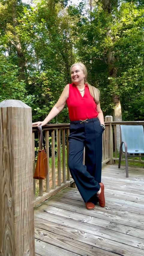 Instagram post by @yogathroughmenopause for ZESICA. Caption reads: [...] for fall! ❤️💙🤎 I paired these navy ZESICA....