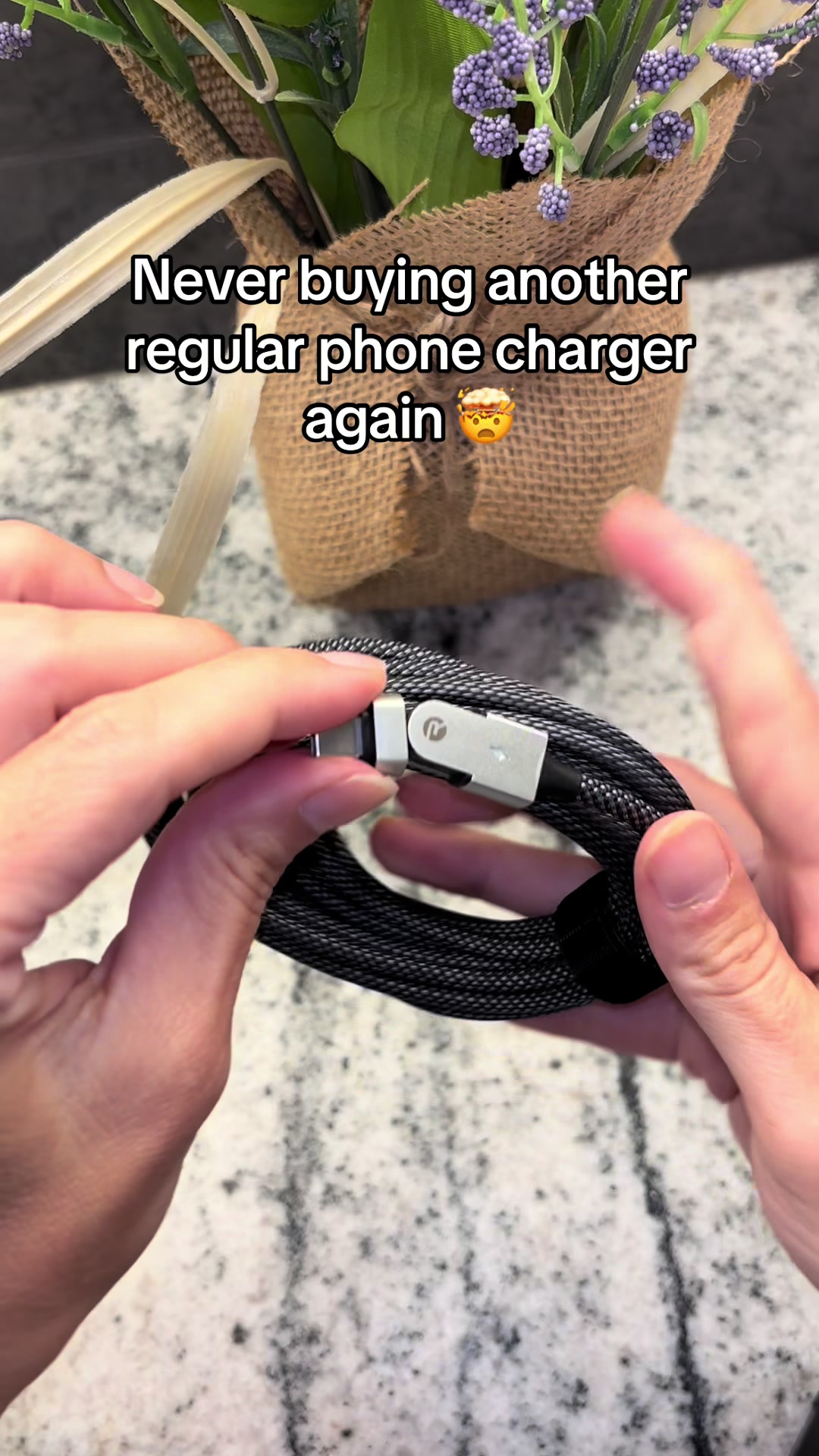 TikTok post by @heather21de for Raycon. Caption reads: Magic Spin Cable Phone Charger @Raycon Global....