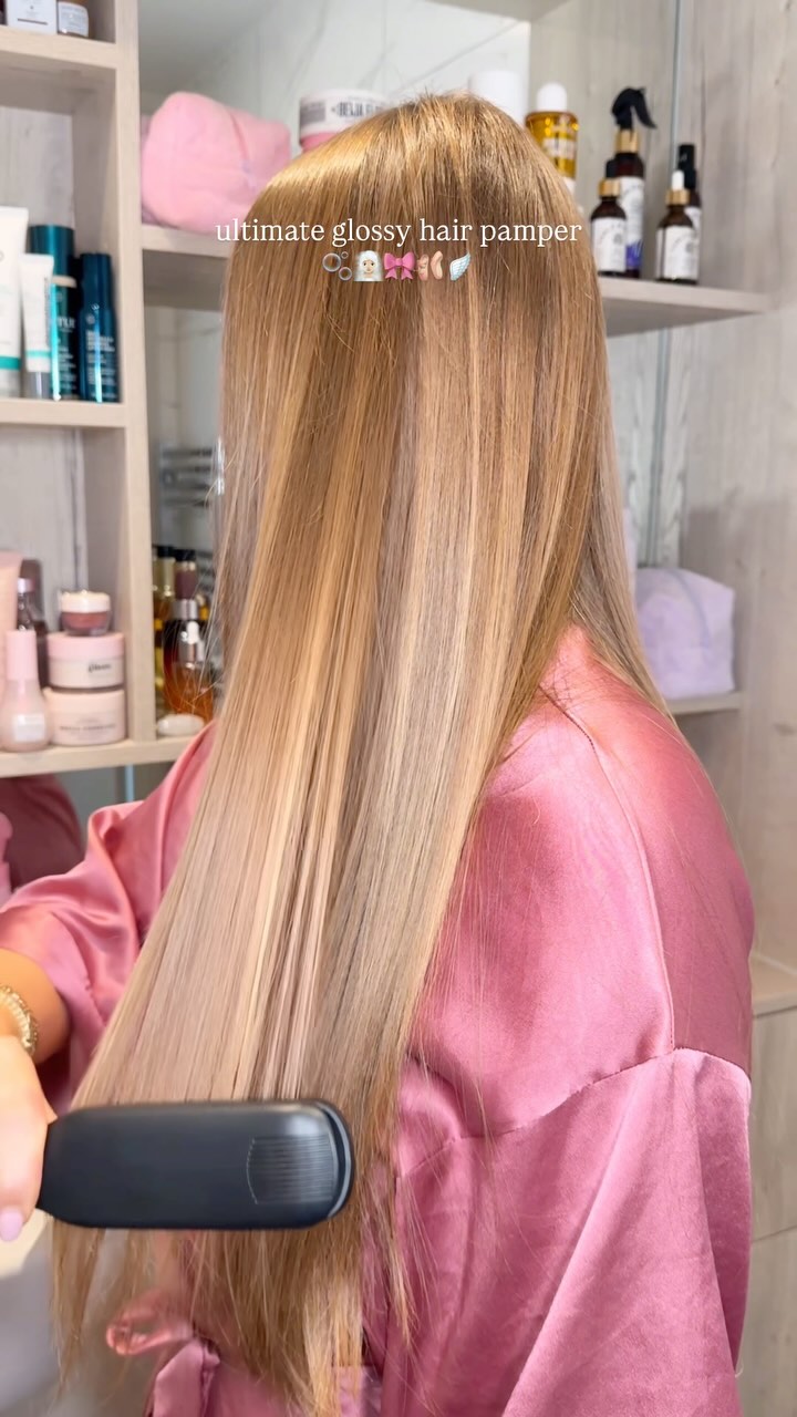 Instagram post by @byemmaleah for dalbaglobal. Caption reads: ultimate glossy hair pamper....