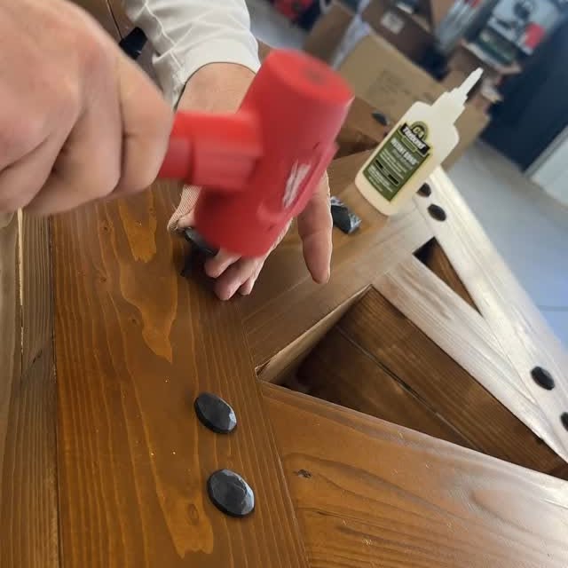 Instagram post by @dustylumberco for Milwaukee Tool. Caption reads: Putting in some accent clavos with a bit of....