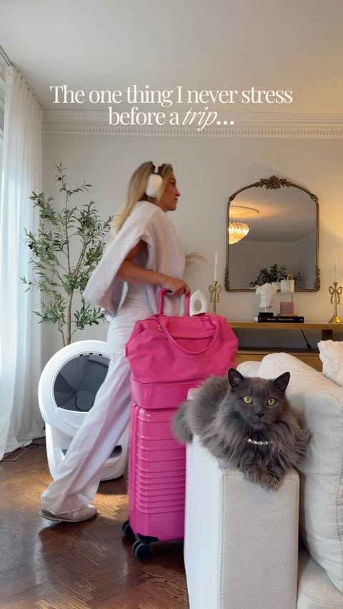 Instagram post by @the.princess.mini for Litter-Robot by Whisker. Caption reads: one less thing to worry about before a trip 🐱✈️....
