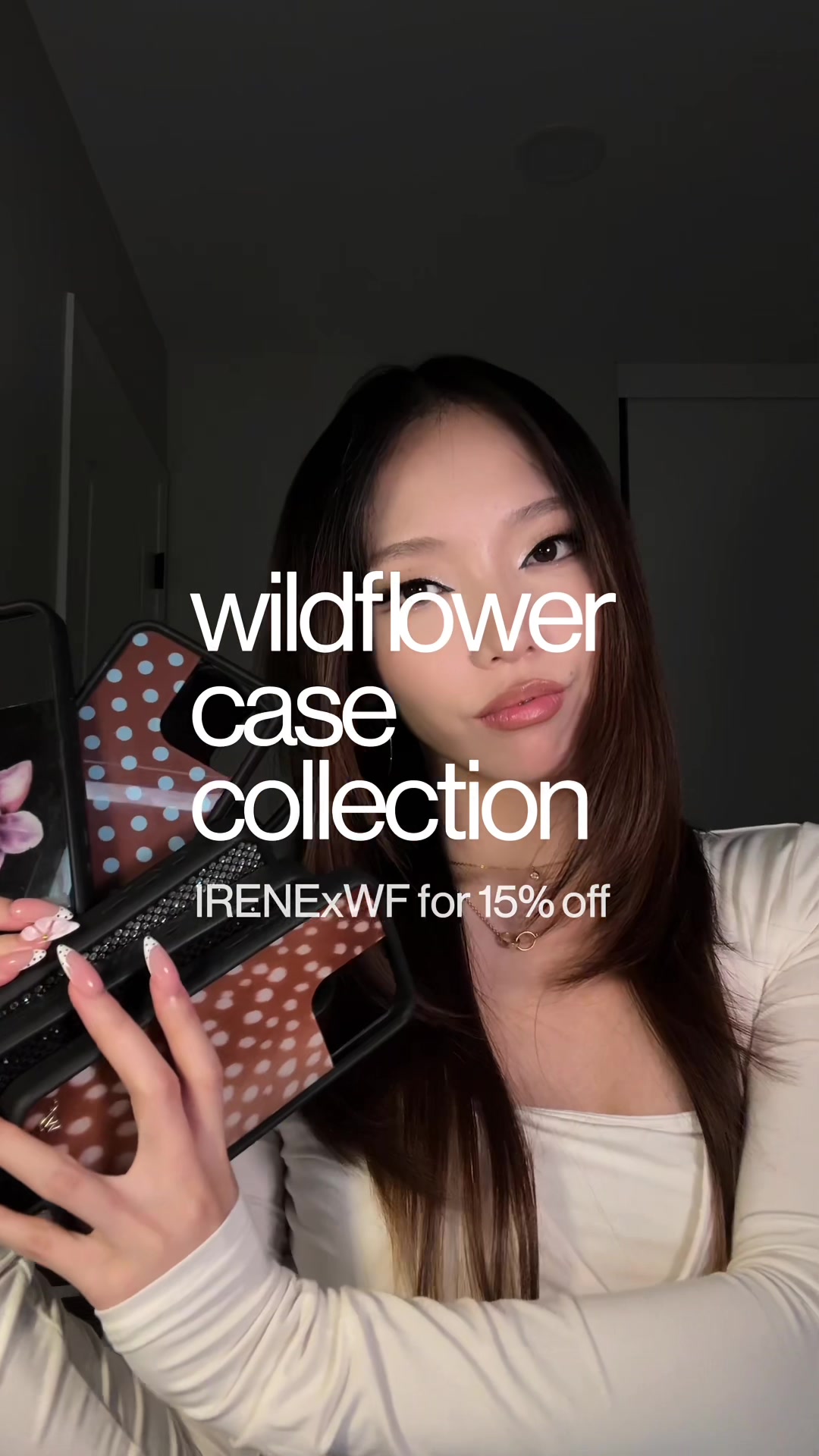 TikTok post by @rinidiaries for Wildflower Cases. Caption reads: [...] IRENExWF for 15% off<3 @Wildflower Cases....