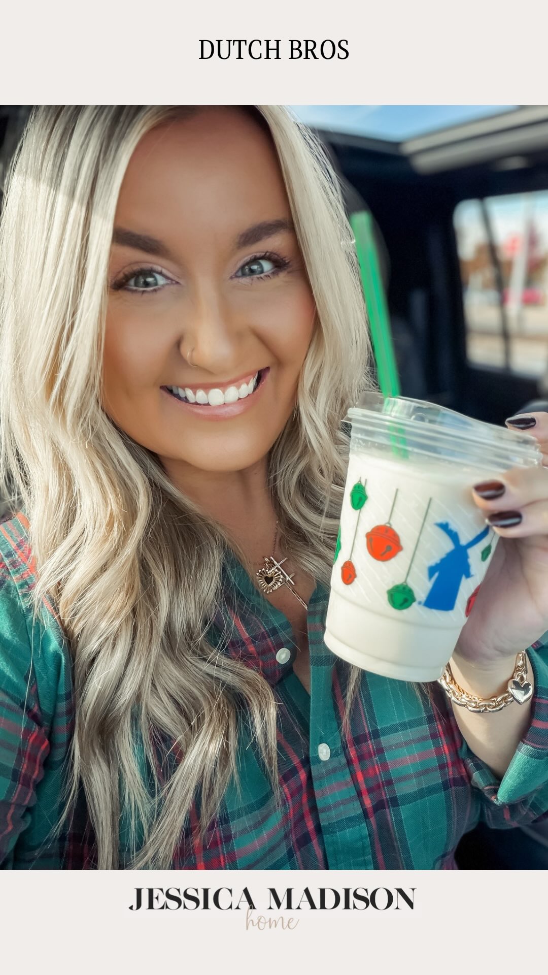 Instagram post by @jessicamadisonhome for Dutch Bros Coffee. Caption reads: Lord, watch over my waistline 🙏 This is....