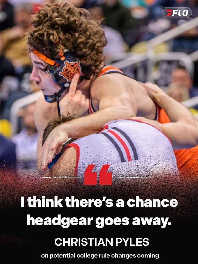 Instagram post by @cpyles for FloWrestling. Caption reads: Could we see the end of headgear by the 2027-28....