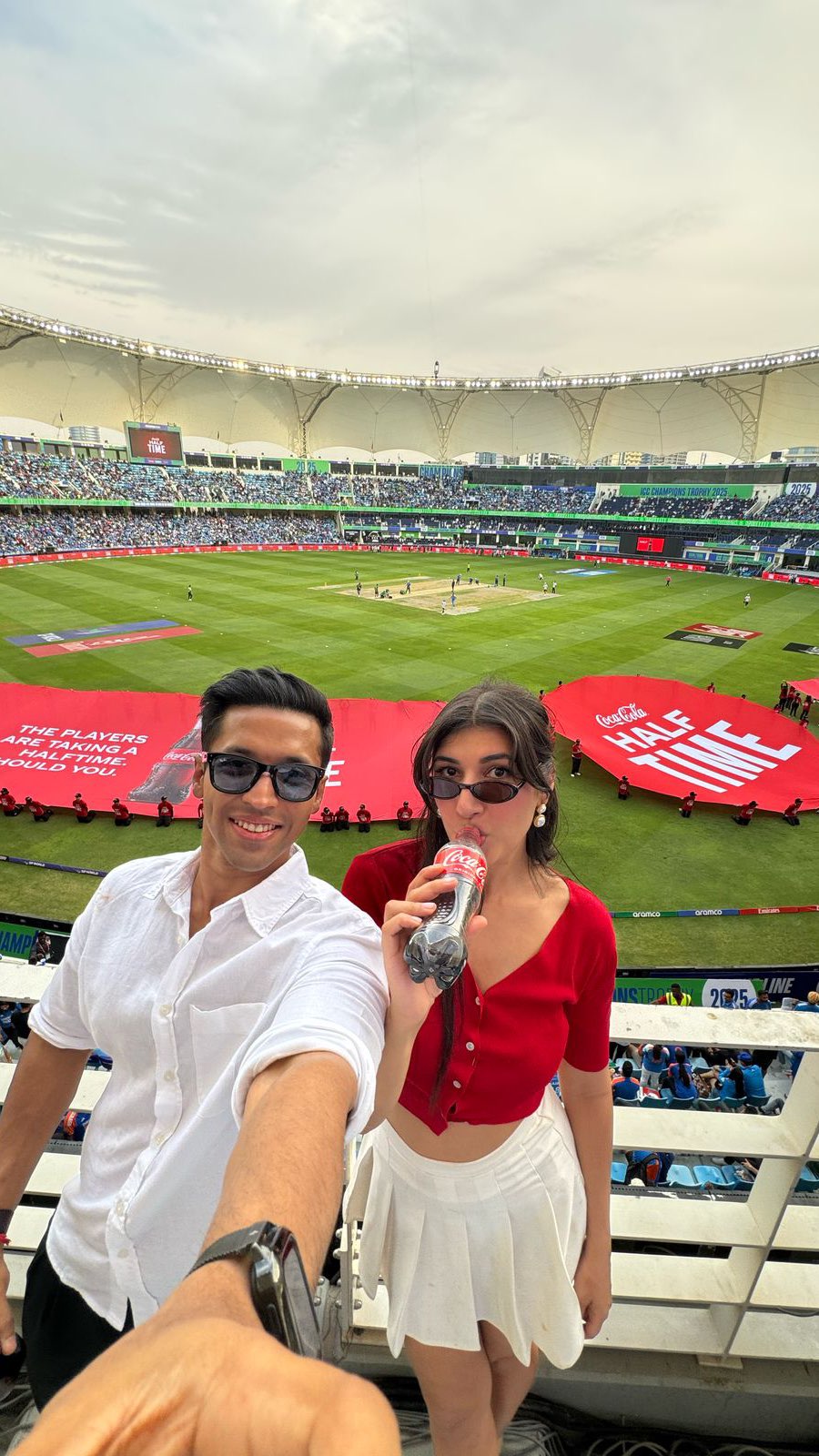 Instagram post by @durjoydatta for Coca-Cola India. Caption reads: Witnessing 🇮🇳 vs 🇵🇰 live at the Champions....