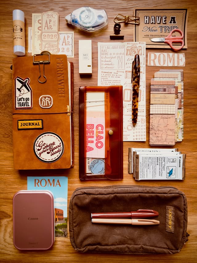 Instagram post by @me_and_my_happydesk for ぺんてる. Caption reads: My travel journaling essentials for Rome [...].