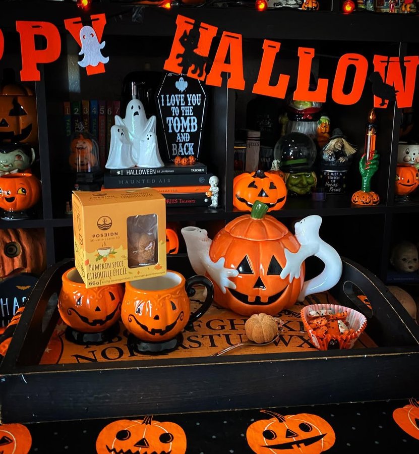 Instagram post by @halloweenxo for Poseidn. Caption reads: Halloween Pumpkin Spice Party for two please! 🎃☕️....