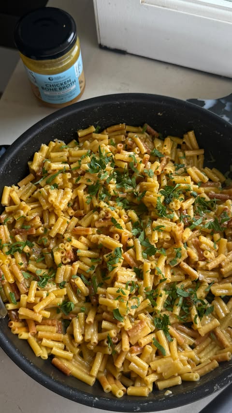 Instagram post by @coconutandbliss for Nutra Organics. Caption reads: Creamy bone broth pasta 🍝 made with....