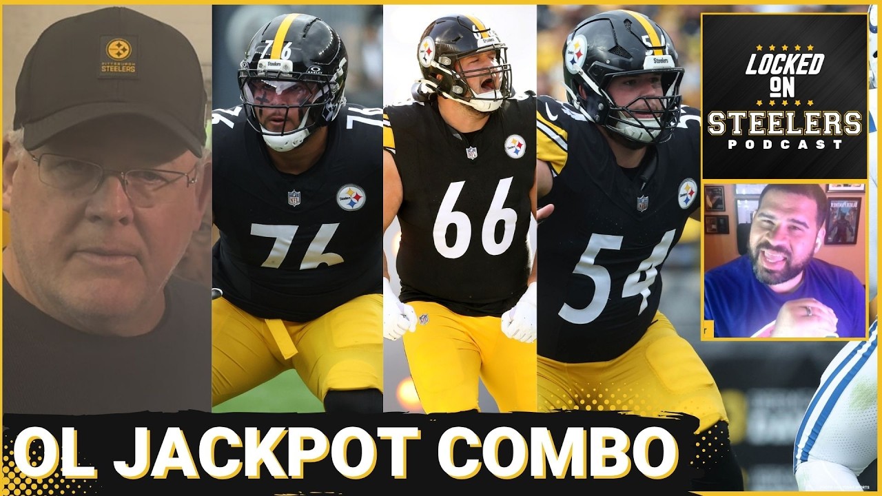 YouTube post by @LockedOnSteelers for FanDuel. Caption reads: Steelers' Troy Fautanu, Zach Frazier and O-Line....