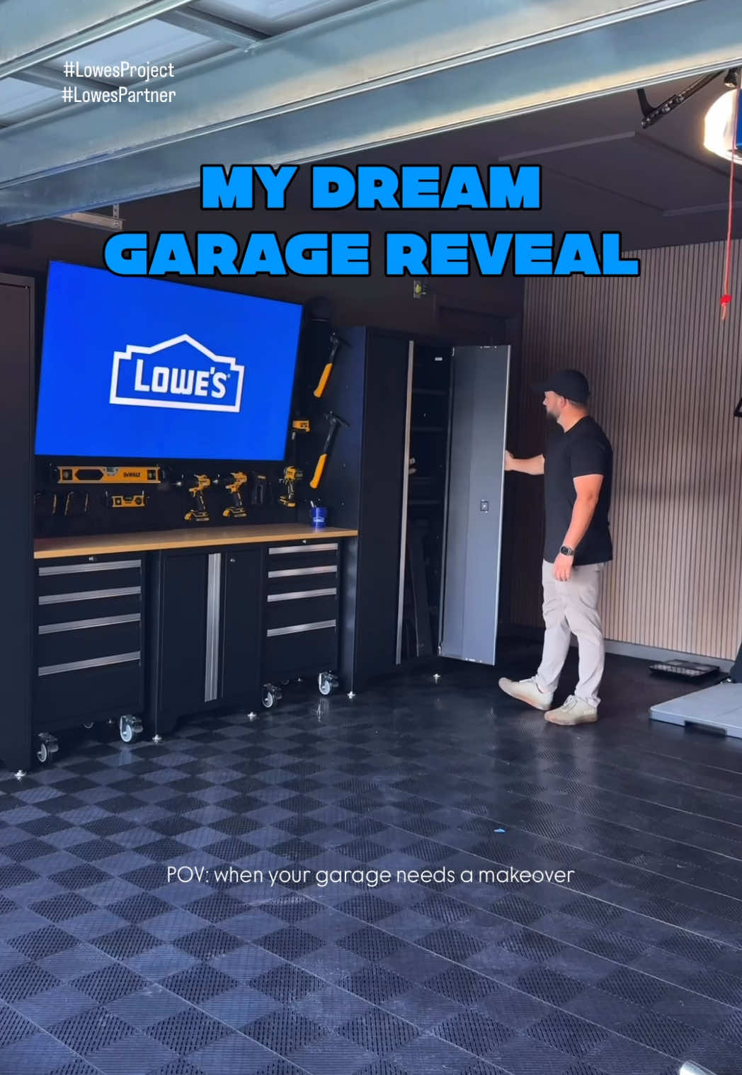 TikTok post by @homewithmike_ for Lowe's. Caption reads: Dream Garage Accomplished 🤙🏽 #AD   Shop products....