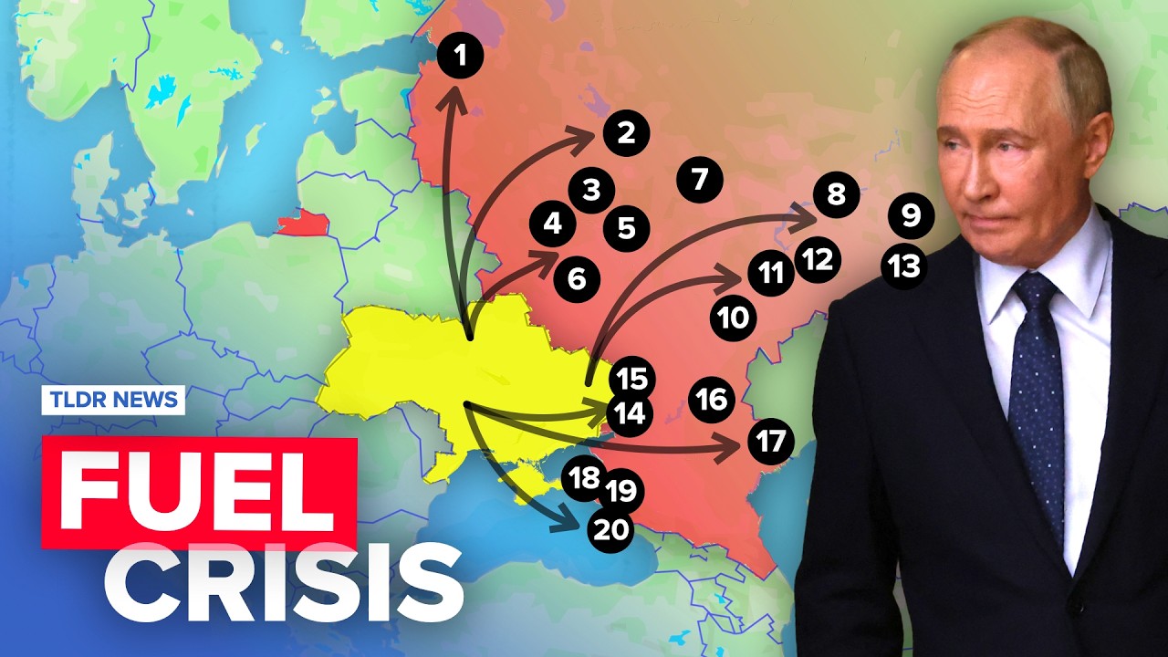 YouTube post by @TLDRnewsEU for Brilliant.org. Caption reads: How Ukraine Manufactured a Fuel Crisis in Russia.
