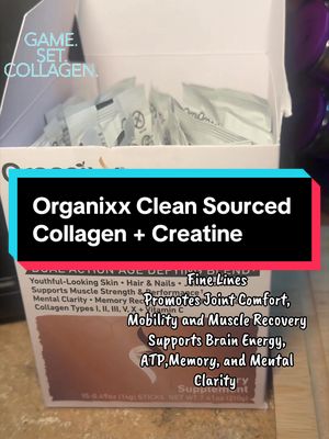 TikTok post by @juelygrey for Organixx. Caption reads: ORGANIXX Clean Sourced Collagen + Creatine [...].