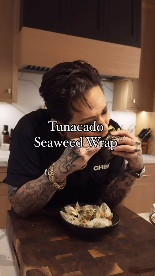 Instagram post by @chefkla for Gimme Seaweed. Caption reads: Tunacado Seaweed Wrap w/ rice paper seaweed chips....