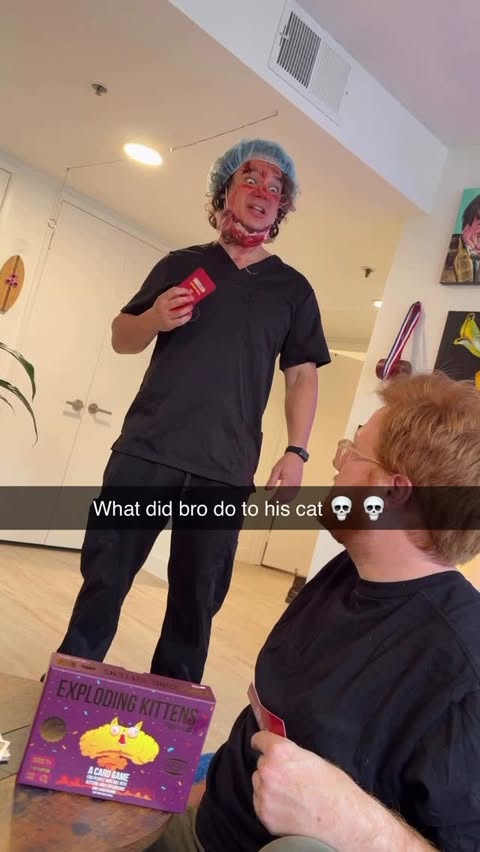 Instagram post by @cerspence for Exploding Kittens. Caption reads: What does he mean 8 others times?? @gameofkittens....