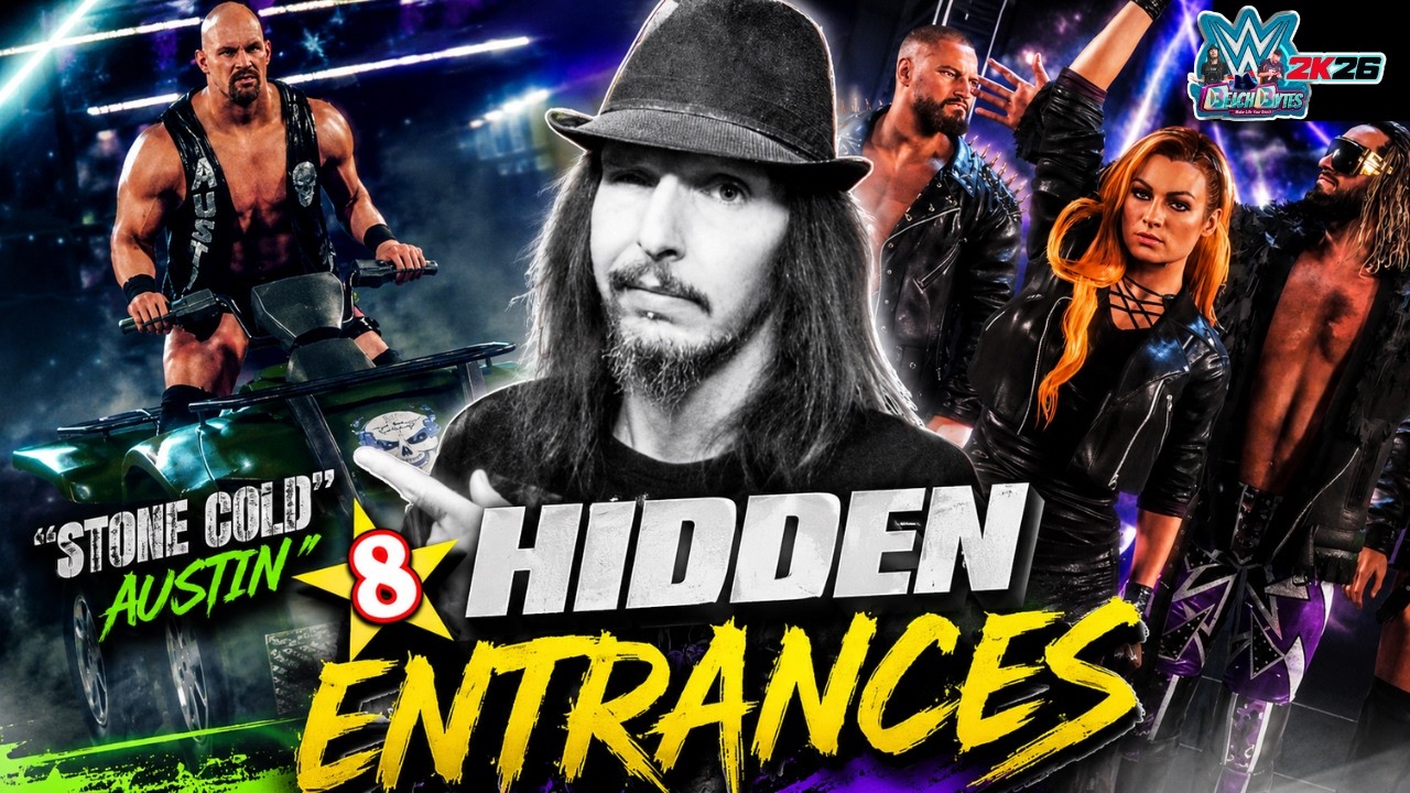 YouTube post by @BeachBytes for DUBBY Energy. Caption reads: 8 SECRET WWE 2K26 Entrances Hidden In The Game!....
