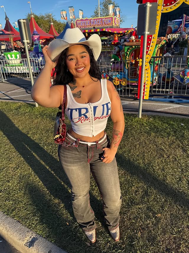 Instagram post by @daysidukestv for True Religion. Caption reads: Houston Rodeo 2026 in my @truereligion.