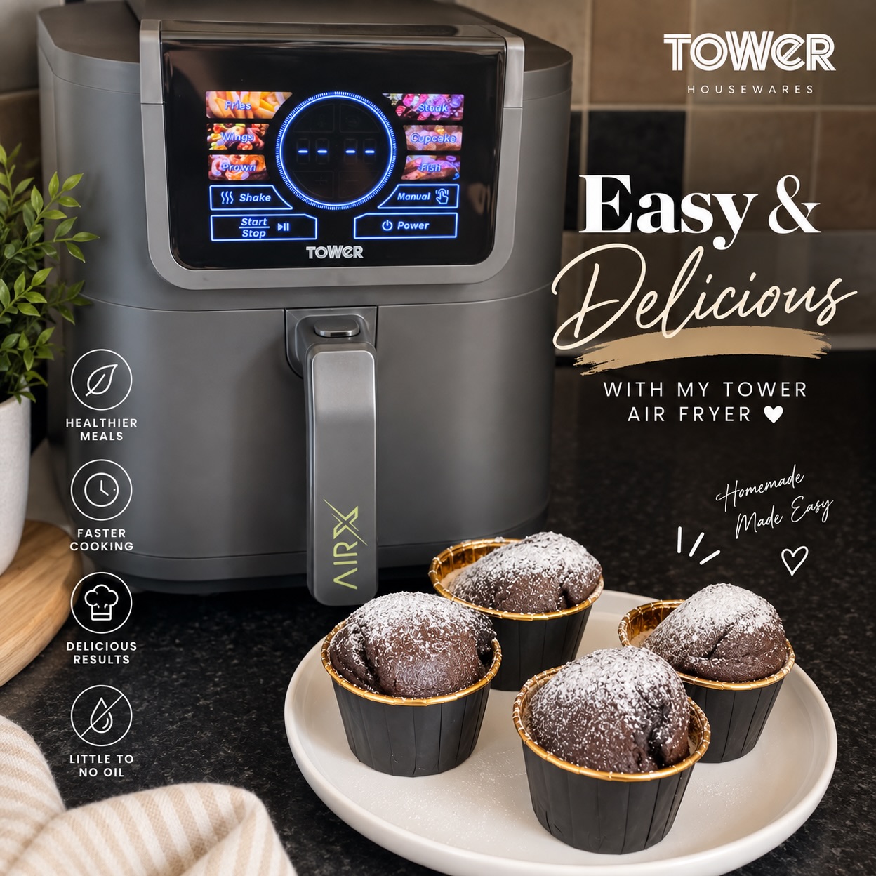Instagram post by @hatiliving_ugc for Tower Housewares. Caption reads: [...] salmon or the chocolate muffins? 😍....