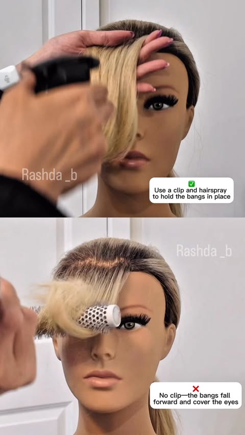 Instagram post by @rashda_b for SharkNinja. Caption reads: ❌ Without a clip, the bangs fall forward and cover....