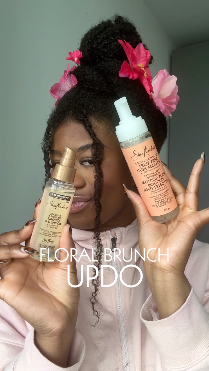 Instagram post by @curlcodeblack for Sheamoisture. Caption reads: Soft, floral, and brunch-ready. I used....