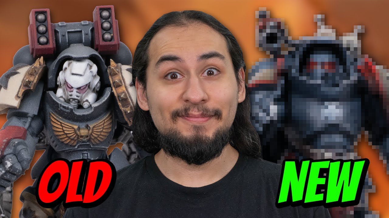 YouTube post by @EonsOfBattle for MyMiniFactory. Caption reads: Kitbashing Better Black Templar Aggressors!.