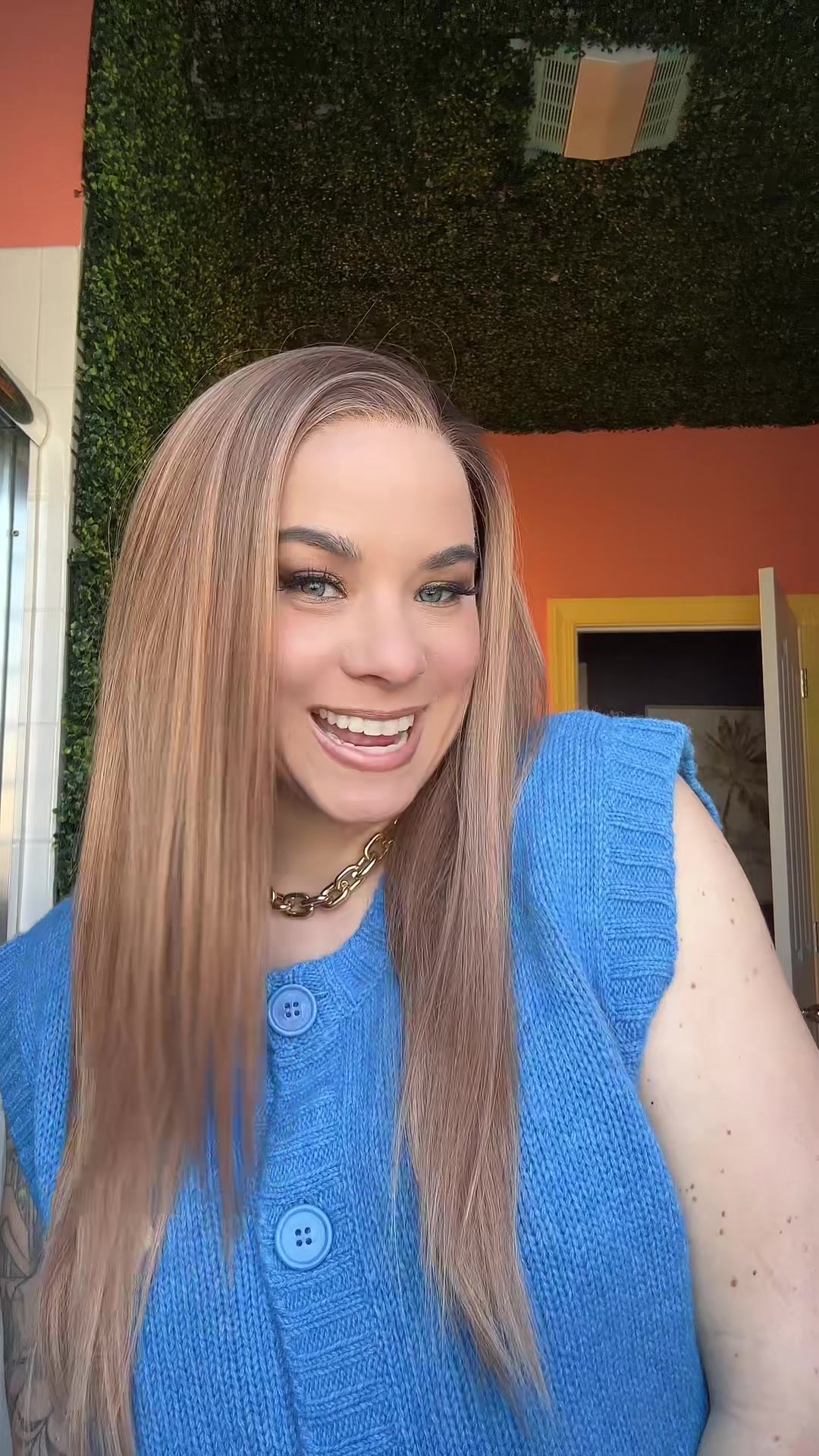 TikTok post by @elizabethwearswigs for Chelsey Smith Cosmetics. Caption reads: Mandy blonde and Mandy copper cat from @Chelsey....